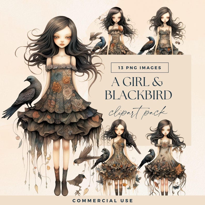 Goth Girl Clipart PNG, Gothic Watercolor Paper Dolls, Junk Journal Blackbird Characters, Raven Fairytale Art Graphics, Dark Fantasy Clip Art image 1