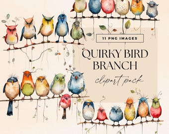 Quirky Birds Clipart Bundle, Transparent PNG, Whimsical Tree Branch Clip Art, Junk Journal Birds, Spring Garden Ephemera, Funny Animal
