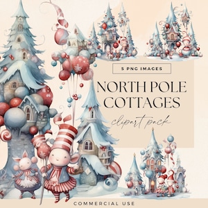 Clipart Noël pôle Nord, clipart chalet du père Noël, illustrations de maisons d'hiver, maisons décorées de lutins fantaisistes, journal des fêtes de fin d'année