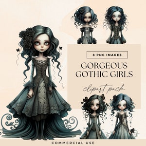 Gothic Fashion Girl Clipart PNG, Goth Watercolor Paper Dolls, Junk Journal Characters, Spooky Fairytale Art Graphics, Dark Fantasy Clip Art