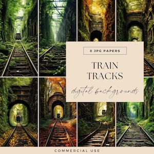 Documentos digitales de vías de tren cubiertas de vegetación, DESCARGA DIGITAL, Túneles ferroviarios, Hojas de otoño, Primavera, Escena de ferrocarril abandonado
