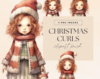 Cute Christmas Girl Clipart, Xmas Snow Clip Art, Transparent PNG, Winter Characters Png, Holiday Graphics, Watercolor Bundle, Santa Hat