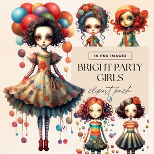 Bright Party Girls Clip Art Clipart Pack, Clipart para uso comercial, PNGs transparentes, bonecas de papel de Natal, Ano Novo Junk Journal Whimsy