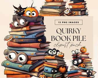 Weird Halloween Book Pile Clipart Pack, Transparent, Reading Junk Journal, Librarian Old Book Bundle, Commercial Use, Whimsical Characters