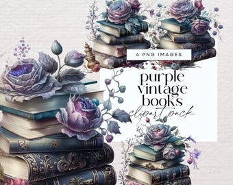 Vintage Flower Book Pile Clipart, Book Lovers Clipart, Transparent PNG, Stacked Books Graphic, Floral Reading Junk Journal, Library Ephemera