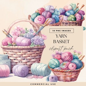 Clipart de panier de pelotes de laine, clipart de passe-temps au Crochet, PNG transparents, illustrations pastel indispensables du tricot, graphismes travaux manuels