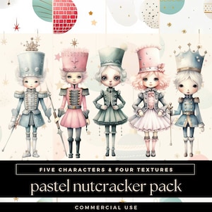 Pacote de clipart e textura de quebra-nozes de Natal pastel, ilustrações fofas de clipart de inverno, boneca de papel PNG, gráficos de diário de lixo de balé de Natal