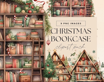 Christmas Bookshelf Clipart Pack, Watercolour Xmas Clip Art, Holiday Reading Graphics, Bookcase Library Graphics Bundle, Stack of Books PNG