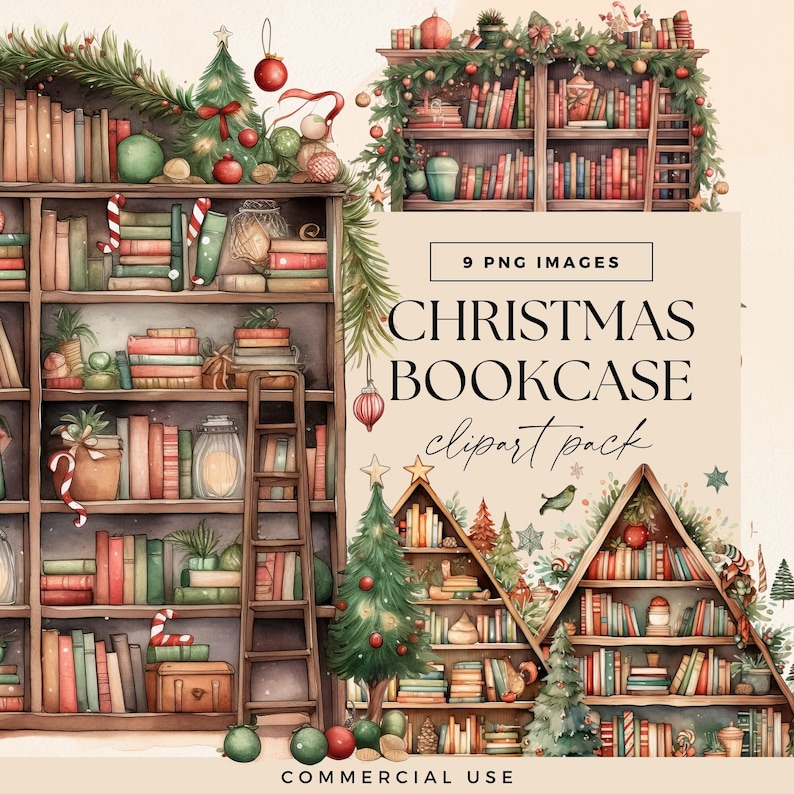 Christmas Bookshelf Clipart Pack, Watercolour Xmas Clip Art, Holiday