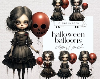 May include: Digital clipart pack featuring illustrations of gothic dolls in black dresses holding red skull-shaped balloons. The image includes the text "Halloween Balloons Clipart Pack" and "10 PNG Images". The words "Commercial Use" are also visible.