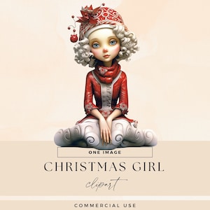 Weihnachtspuppe Clipart, transparente PNG, süße Weihnachtsmädchen Illustrationen, festliches Junk Journal, saisonale Grafiken, wunderliche Weihnachtsephemera
