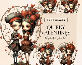 Goth Valentine Clipart, Transparent PNG, Quirky Couple Clip Art, Spooky Romance Dolls, Junk Journal Characters in Love, Whimsical Valentines