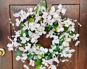 White and Pink Flowering Dogwood Spring Wreath for Front Door