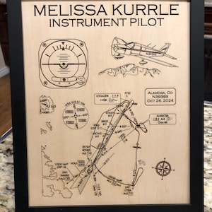Puede incluir: Una placa de madera con marco negro, con una inscripción personalizada para Melissa Kurrle, piloto de instrumentos. La placa incluye una rosa de los vientos, un diagrama de un avión y un gráfico de aviación detallado con el texto "ALAMOSA, CO N3939X Oct 26, 2024".