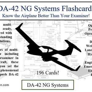 Può includere: Flashcard DA-42 NG Systems con una silhouette nera di aereo. Le schede trattano limiti operativi, sistemi di elica e procedure di emergenza. Il testo include "Know the Airplane Better Than Your Examiner!" e "196 Cards!"