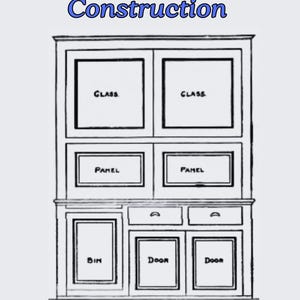 Könnte beinhalten: Eine schwarz-weiße Strichzeichnung eines Schranks mit dem Text Framing and House Construction oben und Carpentry Manual & Timber Truss Guide unten. Der Schrank verfügt über zwei Glasabschnitte, zwei Paneele, zwei Schubladen und drei untere Türen.