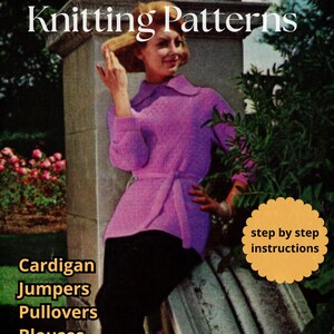 May include: A vintage knitting pattern book cover titled Vintage Machine Knitting Patterns. It features a person wearing a purple long-sleeved collared sweater with a tie waist. Text includes Cardigan, Jumpers, Pullovers, Blouses, Casual Separates, and step by step instructions.
