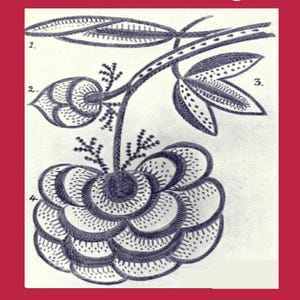 May include: A black and white line drawing of a floral motif with numbered sections for Jacobean embroidery. The text reads Jacobean Embroidery Forms and Fillings and Crewelwork Stitch Guide & Vintage Needlework Patterns on a red background.