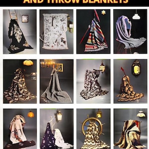 Könnte beinhalten: Eine Sammlung von 12 handgefertigten Afghanen und Überwurfdecken mit verschiedenen Strickmustern, Farben und Designs. Das Bild enthält den Text Knitting Patterns 12 HANDCRAFTED AFGHANS AND THROW BLANKETS und detailed step-by-step instructions.