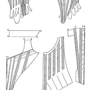K&ouml;nnte beinhalten: Eine schwarz-wei&szlig;e technische Illustration, die zwei Ansichten eines Korsetts mit Schultertr&auml;gern und mehrere Schnittteile mit den Buchstaben A, B, C und D zeigt. Eine in Zoll markierte Skala ist in der unteren rechten Ecke zu sehen.