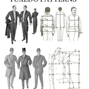May include: An illustration showcasing tailored suits and tuxedo patterns. The image presents drawings of men in suits and tuxedos, alongside diagrams of suit patterns. The text "TAILORED SUITS & TUXEDO PATTERNS" is displayed at the top.