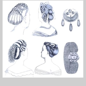 May include: An illustration titled "ART OF HAIR WORK" featuring various hairstyles and hair jewelry. The image includes text describing the content: dressing hair, making curls, switches, braid, and hair jewelry.