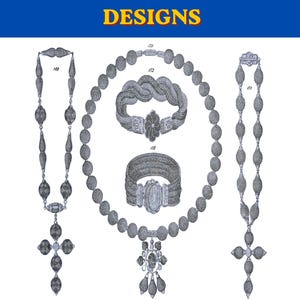 May include: An illustration of Victorian hairwork jewelry designs. The image features necklaces, bracelets, and a cross pendant. Text at the top reads "716 Victorian HAIRWORK JEWELRY DESIGNS." Below, text lists jewelry types like brooches and earrings.