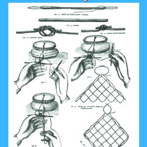 May include: A black and white instructional illustration titled LEARN NEEDLEWORK TECHNIQUES and Needlework Guide, featuring numbered diagrams of netting tools, knots, and hand positions for creating square mesh foundations with thread and needles.