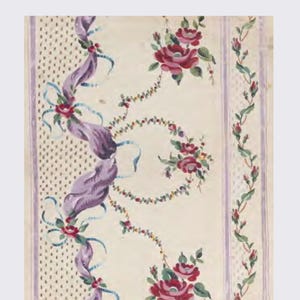 May include: A vintage illustration of embroidery designs. The image features floral patterns with red roses, purple ribbons, and green leaves. The text at the top reads "117 COLOR ILLUSTRATIONS of EMBROIDERY DESIGNS". The text at the bottom reads "Antique Cross Stitch Chart Book".