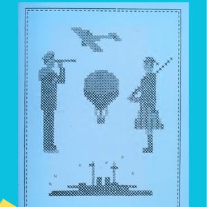 May include: A vintage embroidery pattern book with a light blue background. The cover features cross-stitch designs of an airplane, a hot air balloon, a person with a telescope, a person with a cross, and a ship. Text reads "VINTAGE EMBROIDERY PATTERN BOOK".