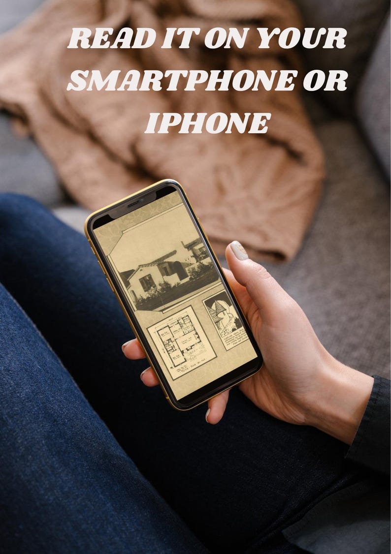 May include: A smartphone with a gold-colored frame displays architectural drawings and the text "READ IT ON YOUR SMARTPHONE OR IPHONE". The phone is held by a person wearing blue jeans.