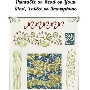 Può includere: Una copertina di libro vintage con disegni Art Nouveau. Il titolo recita "60 Art Nouveau Designs, Vintage 1901 Book". La copertina presenta motivi floreali e geometrici decorativi in verde, marrone e blu. Il testo indica che è stampabile o leggibile su vari dispositivi.