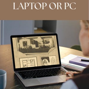 May include: A laptop displaying architectural plans and a house rendering. The screen shows a detailed drawing of a building, with text at the top that reads "READ IT ON YOUR LAPTOP OR PC". The laptop is on a wooden table.