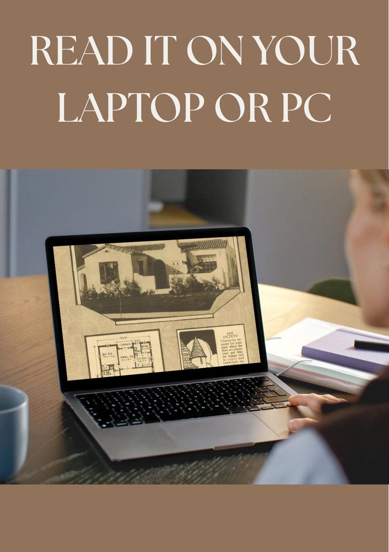 May include: A laptop displaying architectural plans and a house rendering. The screen shows a detailed drawing of a building, with text at the top that reads "READ IT ON YOUR LAPTOP OR PC". The laptop is on a wooden table.