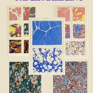 Puede incluir: Una colección de muestras de papel jaspeado con varios patrones y remolinos coloridos. El texto DIY CRAFT OF PAPER MARBLING aparece en la parte superior, y el texto step-by-step structural guide se muestra en una banda amarilla abajo.