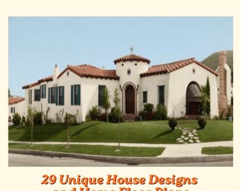 May include: Image of a book cover with the title "1925 Architectural Spanish Style Homes." The cover features a photograph of a white stucco Spanish-style home with a red tile roof and green lawn. The text "29 Unique House Designs and Home Floor Plans" is also visible.