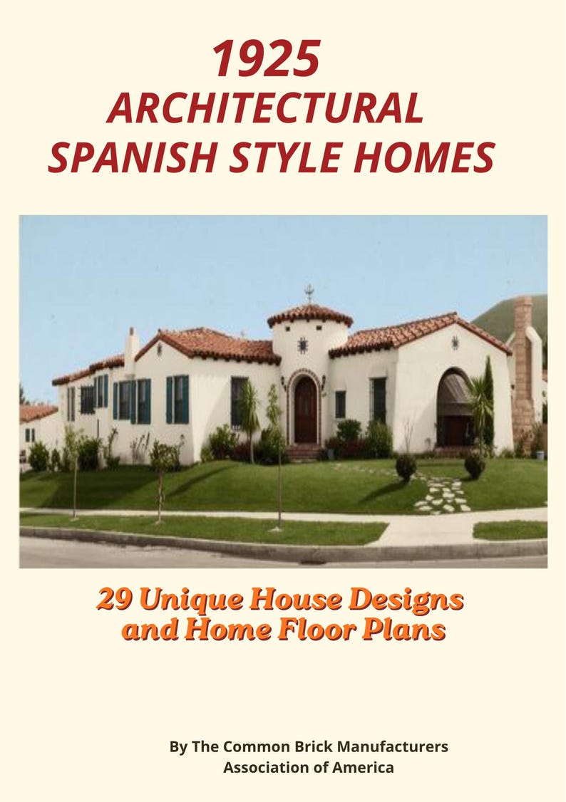 May include: Image of a book cover with the title "1925 Architectural Spanish Style Homes." The cover features a photograph of a white stucco Spanish-style home with a red tile roof and green lawn. The text "29 Unique House Designs and Home Floor Plans" is also visible.
