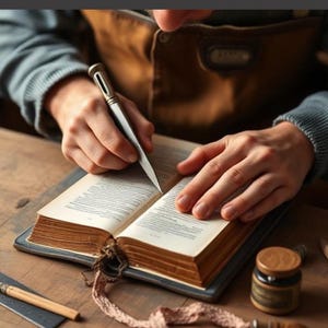 Könnte beinhalten: Ein offenes Buch mit gealterten Seiten, das mit einem Metallgriffel bearbeitet wird. Der Text oben lautet HOW TO REBIND A BIBLE AND ANY OTHER BOOK und der Text unten lautet step-by-step structural guide. Ein kleines Glas und Werkzeuge sind vorhanden.