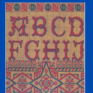May include: A vintage needlework pattern book cover with the title "NEEDLEWORK ALPHABETS AND CHARTED DESIGNS." The cover features red and blue cross-stitch alphabets and decorative patterns on a tan background, with the text "82 TWO-COLOR PLATES."