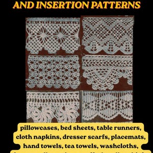 May include: A collection of white crochet edgings, borders, and insertion patterns displayed in six rectangular sections. The text reads 60 CLASSIC CROCHET EDGINGS, BORDERS, AND INSERTION PATTERNS, followed by a list of items like pillowcases and shawls.