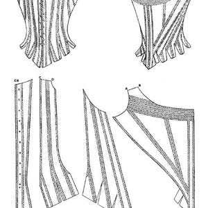 K&ouml;nnte beinhalten: Eine schwarz-wei&szlig;e technische Illustration von Schn&uuml;rbr&uuml;sten aus dem 18. Jahrhundert, die zwei zusammengebaute Ansichten und drei flache Schnittmusterteile zeigt. Eine Skala in Zoll ist unten sichtbar, zusammen mit dem Text: 16. Half-boned stays, covered in red silk damask, the stitching for the bones which shows on the outside is in white, and the seams are outlined with a narrow white silk ribbon. This shaped stay is often seen fully boned (c. 1780).