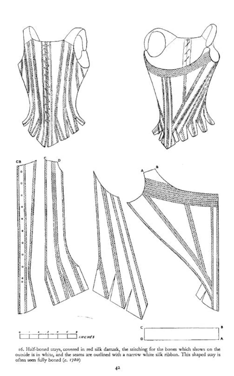 K&ouml;nnte beinhalten: Eine schwarz-wei&szlig;e technische Illustration von Schn&uuml;rbr&uuml;sten aus dem 18. Jahrhundert, die zwei zusammengebaute Ansichten und drei flache Schnittmusterteile zeigt. Eine Skala in Zoll ist unten sichtbar, zusammen mit dem Text: 16. Half-boned stays, covered in red silk damask, the stitching for the bones which shows on the outside is in white, and the seams are outlined with a narrow white silk ribbon. This shaped stay is often seen fully boned (c. 1780).