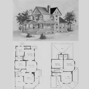 Könnte beinhalten: Illustration eines Hauses mit zwei Grundrissen. Der Text "100 AMERICAN HOUSE PLANS" steht oben, mit "by Radford Architectural Company" unten. Das Haus ist ein zweistöckiges Gebäude mit einer Veranda.