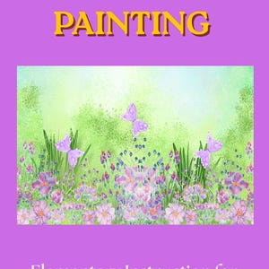 Op de afbeelding: Boekomslag met de titel "WATERCOLOR PAINTING" in gele tekst op een paarse achtergrond. De afbeelding toont een aquarel van bloemen, vlinders en groen. De tekst "Elementary Instruction for Beginners and Amateurs" staat onderaan.