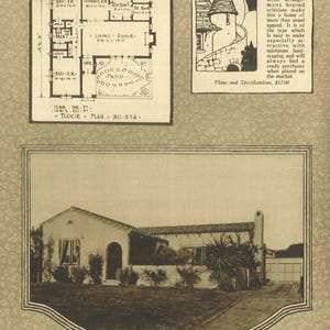 May include: Vintage architectural advertisement featuring a house plan, an illustration of a building, and a photograph of a house. The house plan includes dimensions in feet. The advertisement includes the text "FONTANA" and "Plans and Specifications, $12.00."