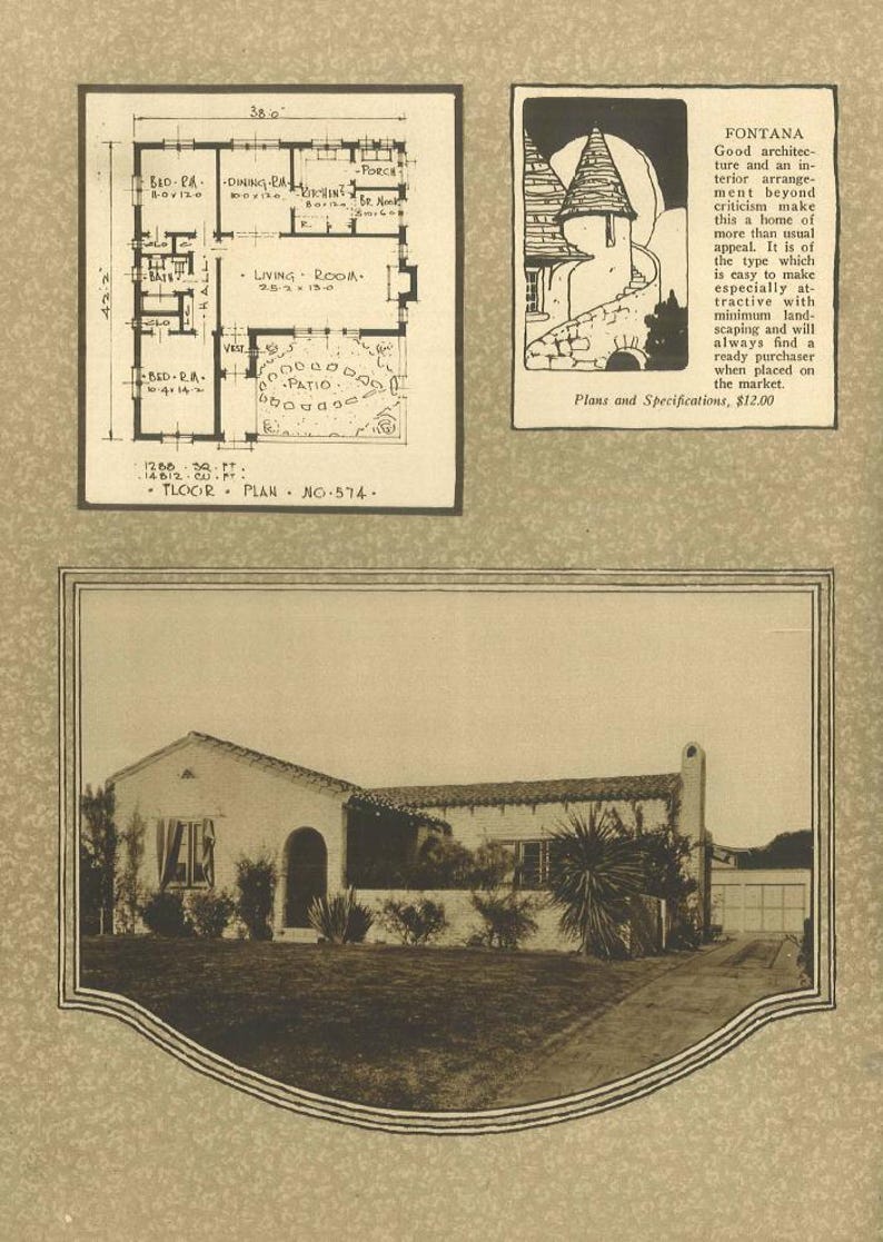 May include: Vintage architectural advertisement featuring a house plan, an illustration of a building, and a photograph of a house. The house plan includes dimensions in feet. The advertisement includes the text "FONTANA" and "Plans and Specifications, $12.00."