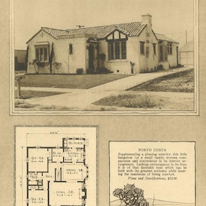 May include: Vintage architectural illustration of a bungalow home, featuring a detailed floor plan and a description titled "Porto Costa." The image is in sepia tones, showcasing the house's exterior and design.