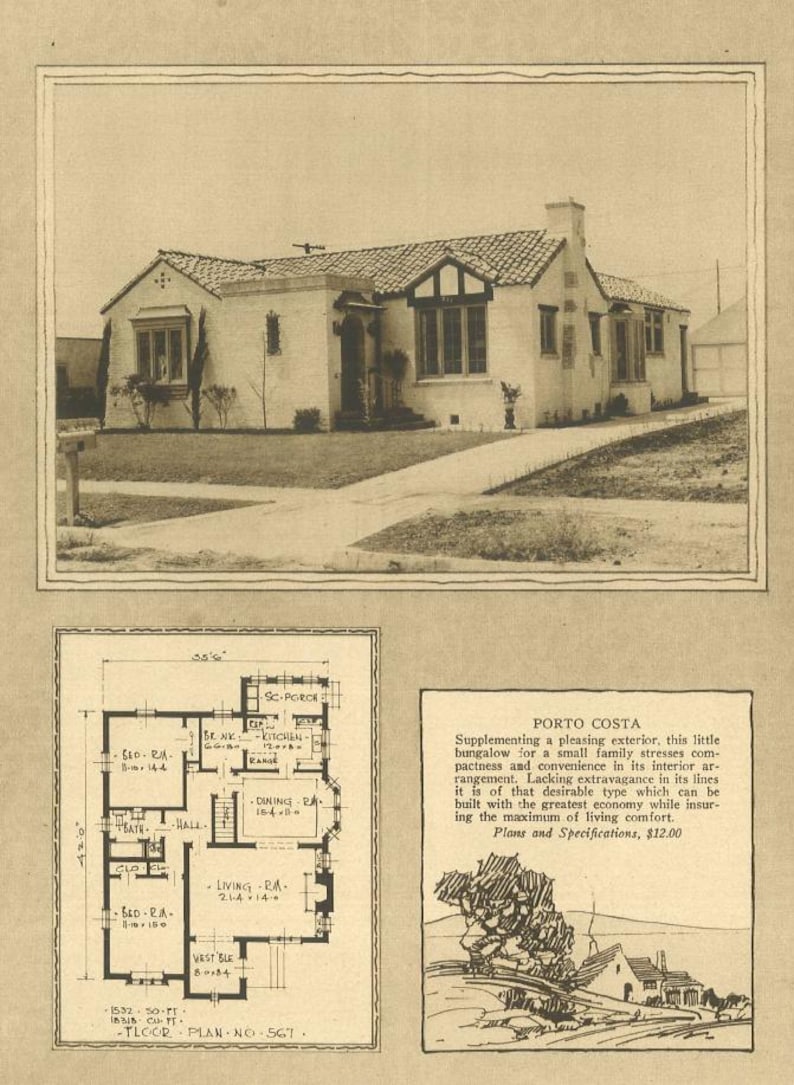 May include: Vintage architectural illustration of a bungalow home, featuring a detailed floor plan and a description titled "Porto Costa." The image is in sepia tones, showcasing the house's exterior and design.
