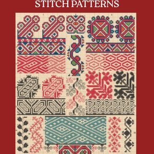 May include: A collection of Ukrainian and Romanian folk embroidery cross stitch patterns displayed on a grid. The designs feature geometric shapes, floral motifs, and borders in red, black, blue, green, and yellow on a light beige background.