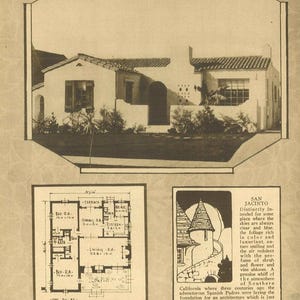 May include: Vintage architectural advertisement featuring a Spanish-style home, floor plan, and an illustration of a building. The advertisement includes text about the home's design and specifications.